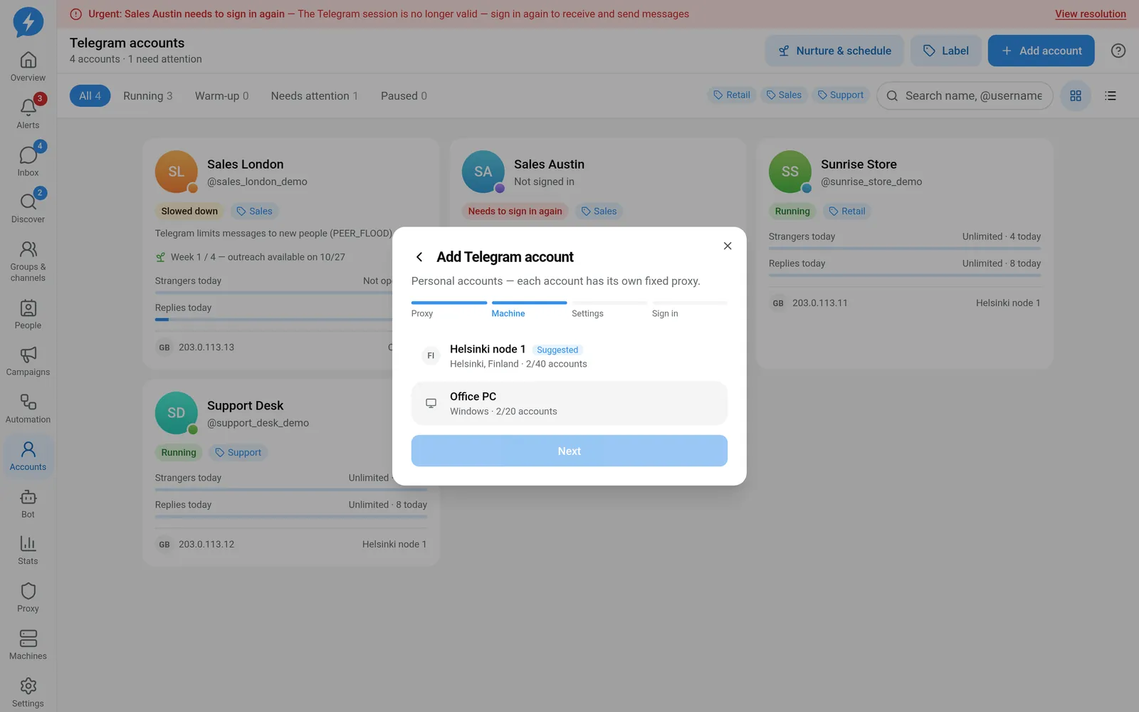 Choosing a machine for a Telegram account