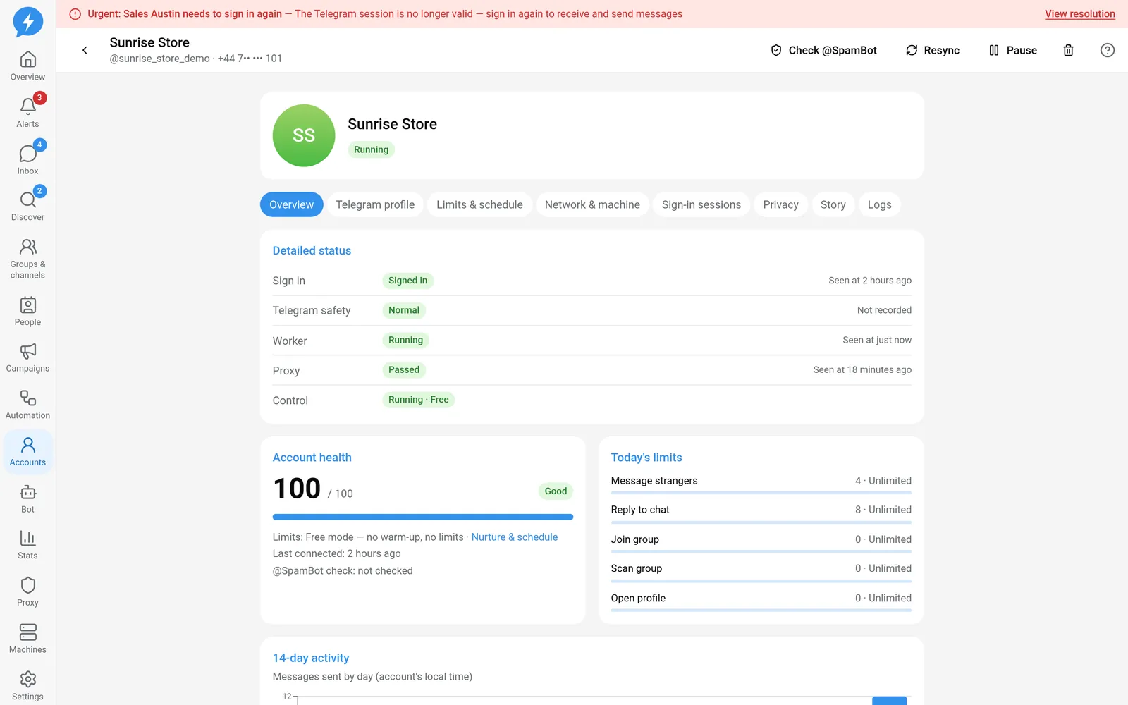 Account details page in the Demo workspace