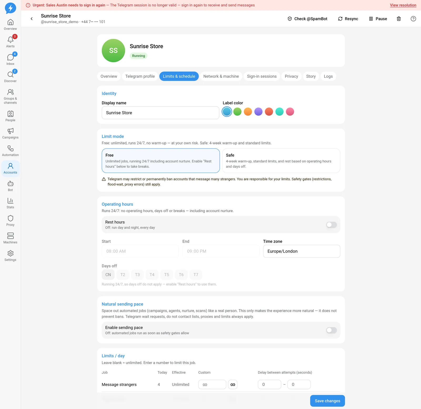 Limits tab with the account's mode and rest toggle