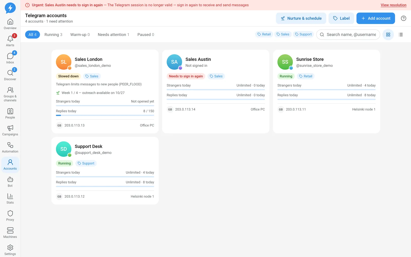 Telegram accounts in the Demo workspace