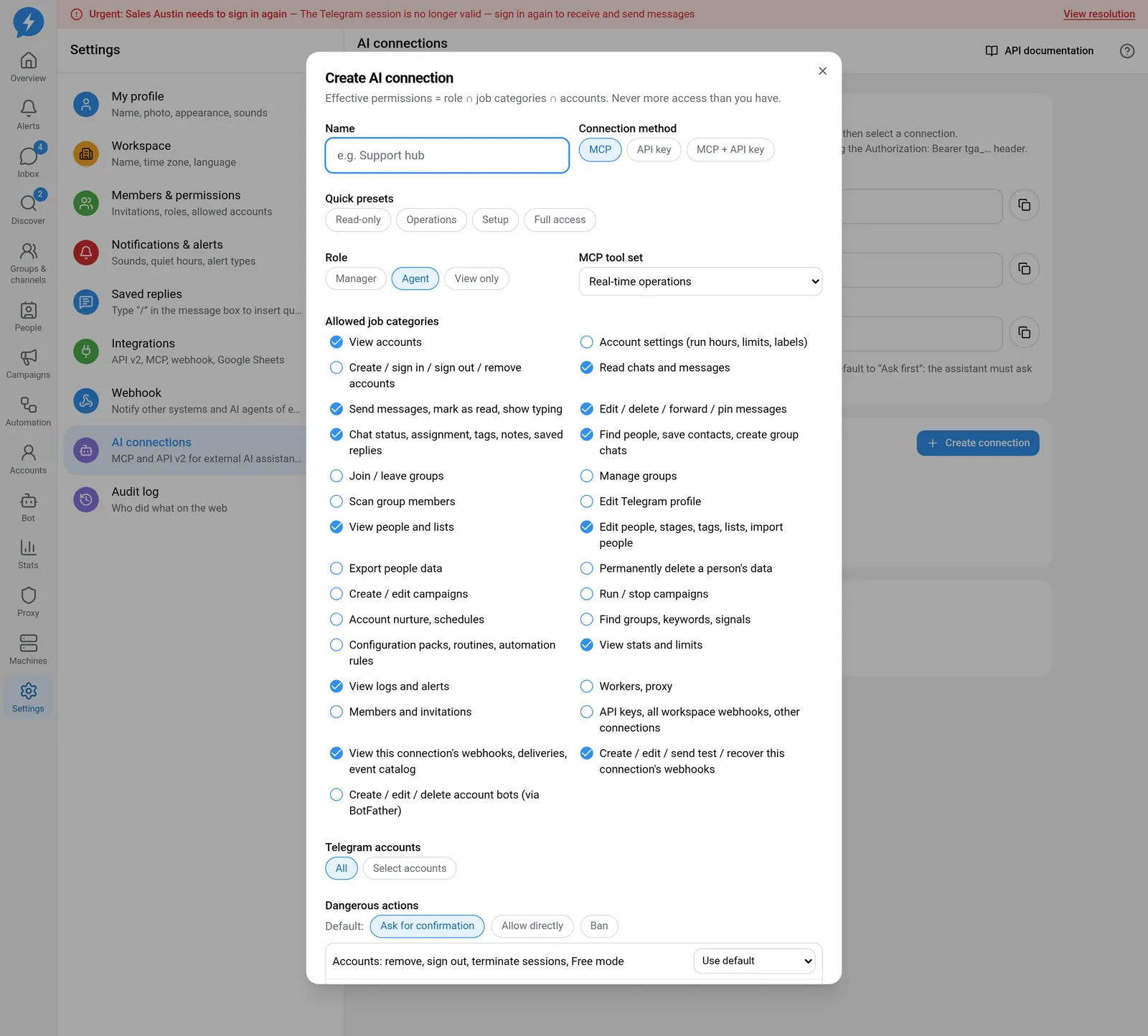 Form for choosing an AI connection's permissions and accounts