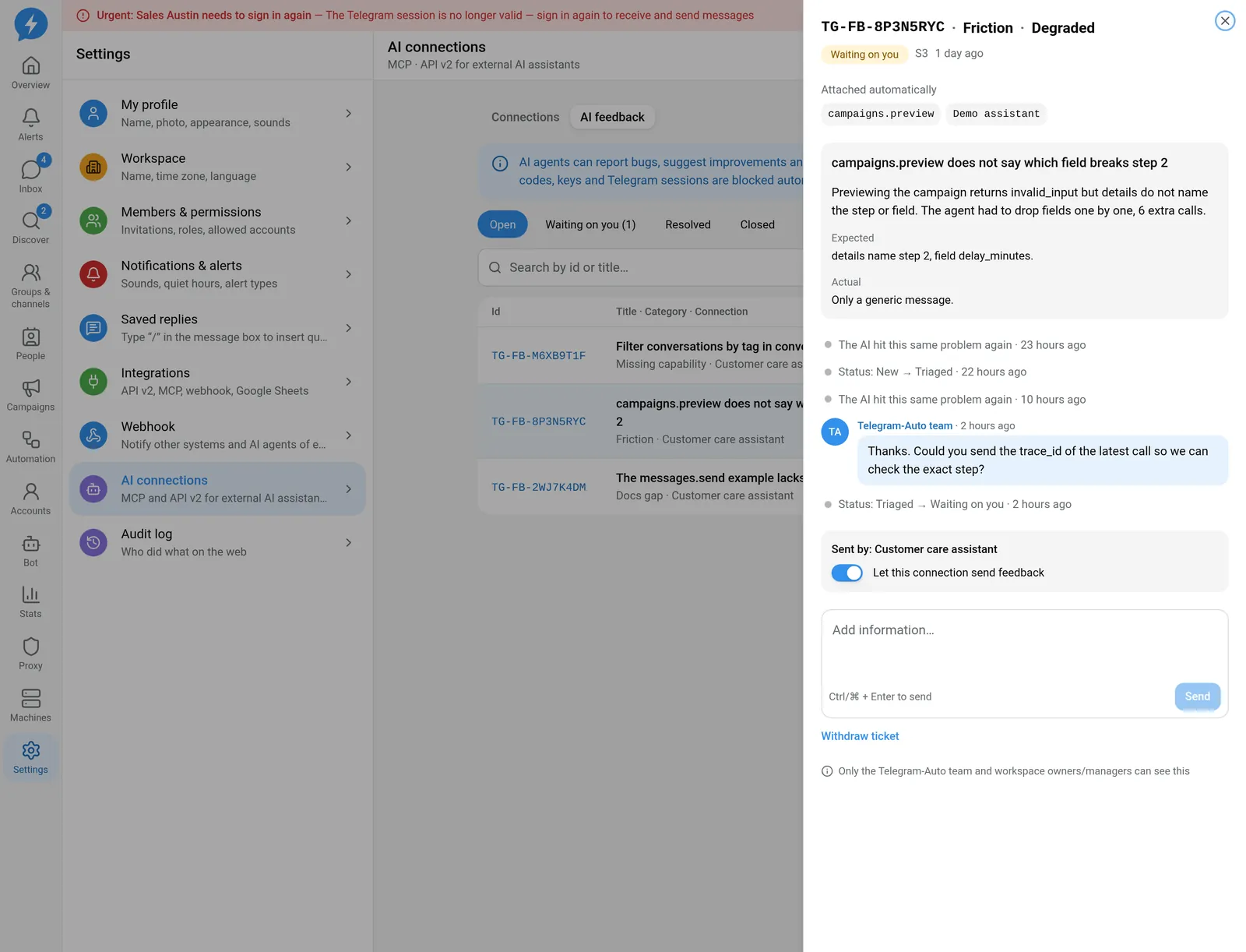 One ticket in detail: what the AI sent, the timeline with the support team's question and the reply box