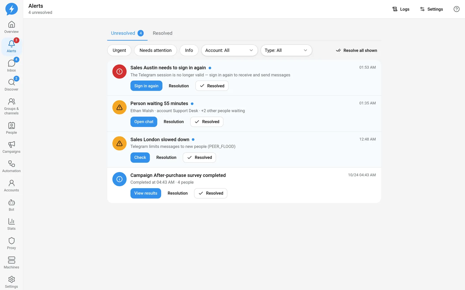Alert list with severity levels and resolution buttons