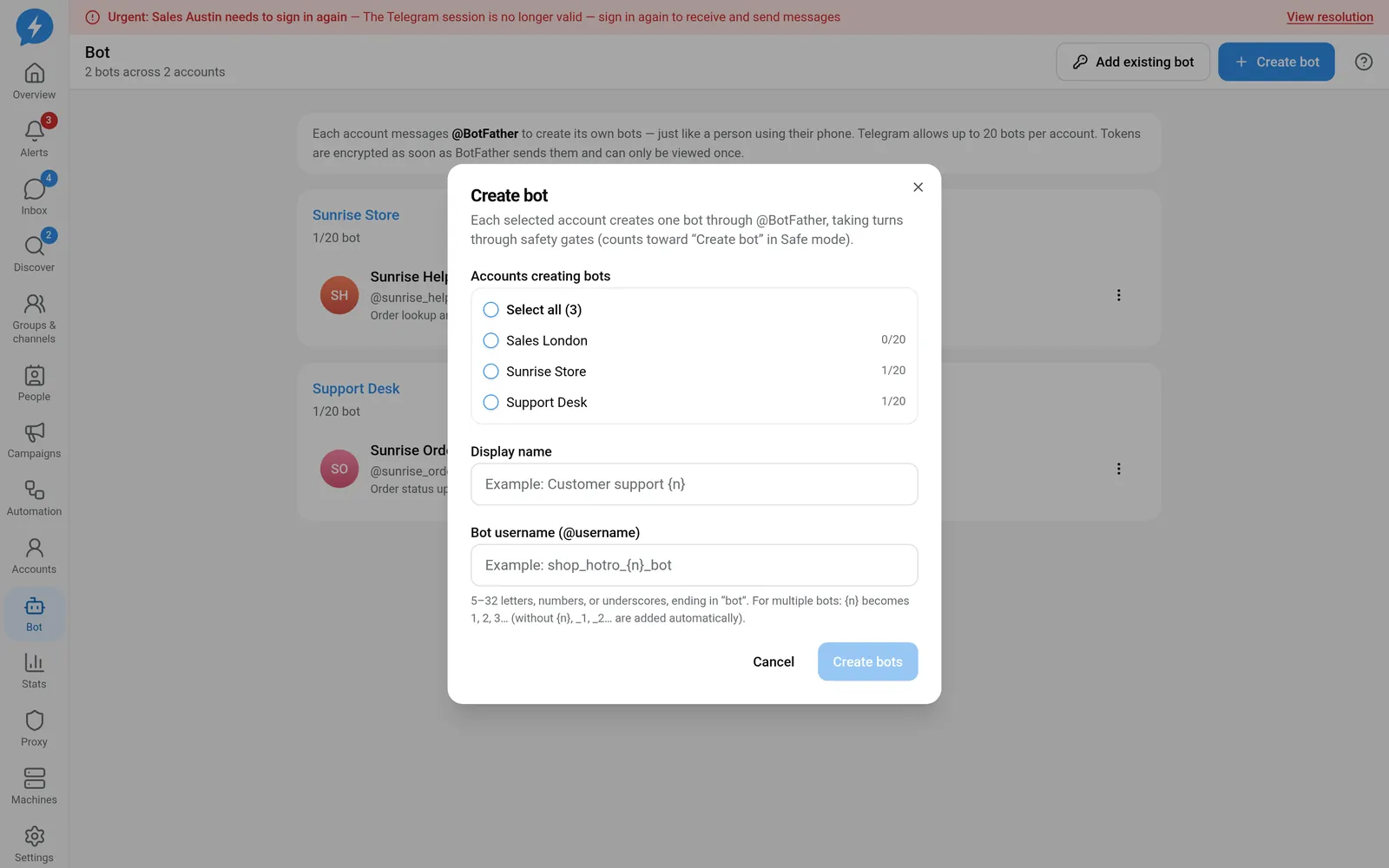 Bot creation form with accounts and name templates