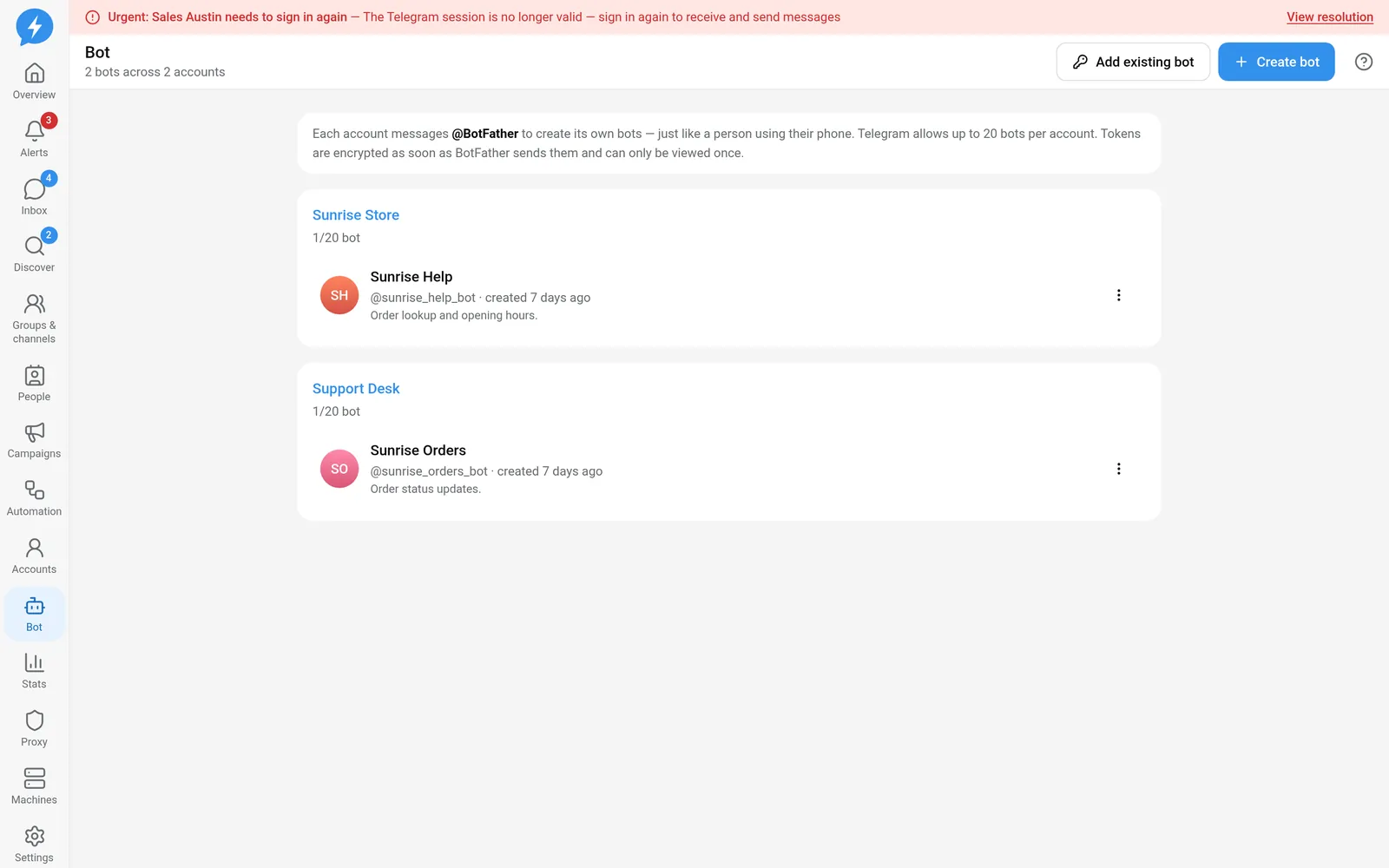 Bots listed by owning account
