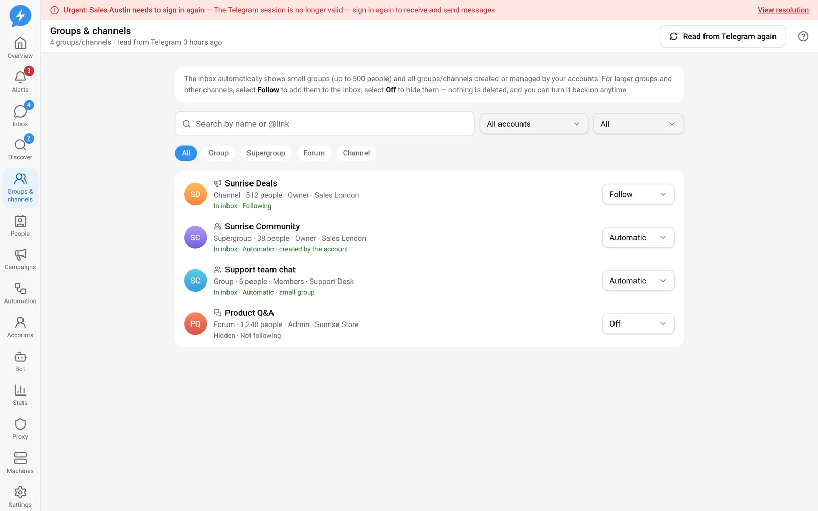 Groups and channels in the Demo workspace