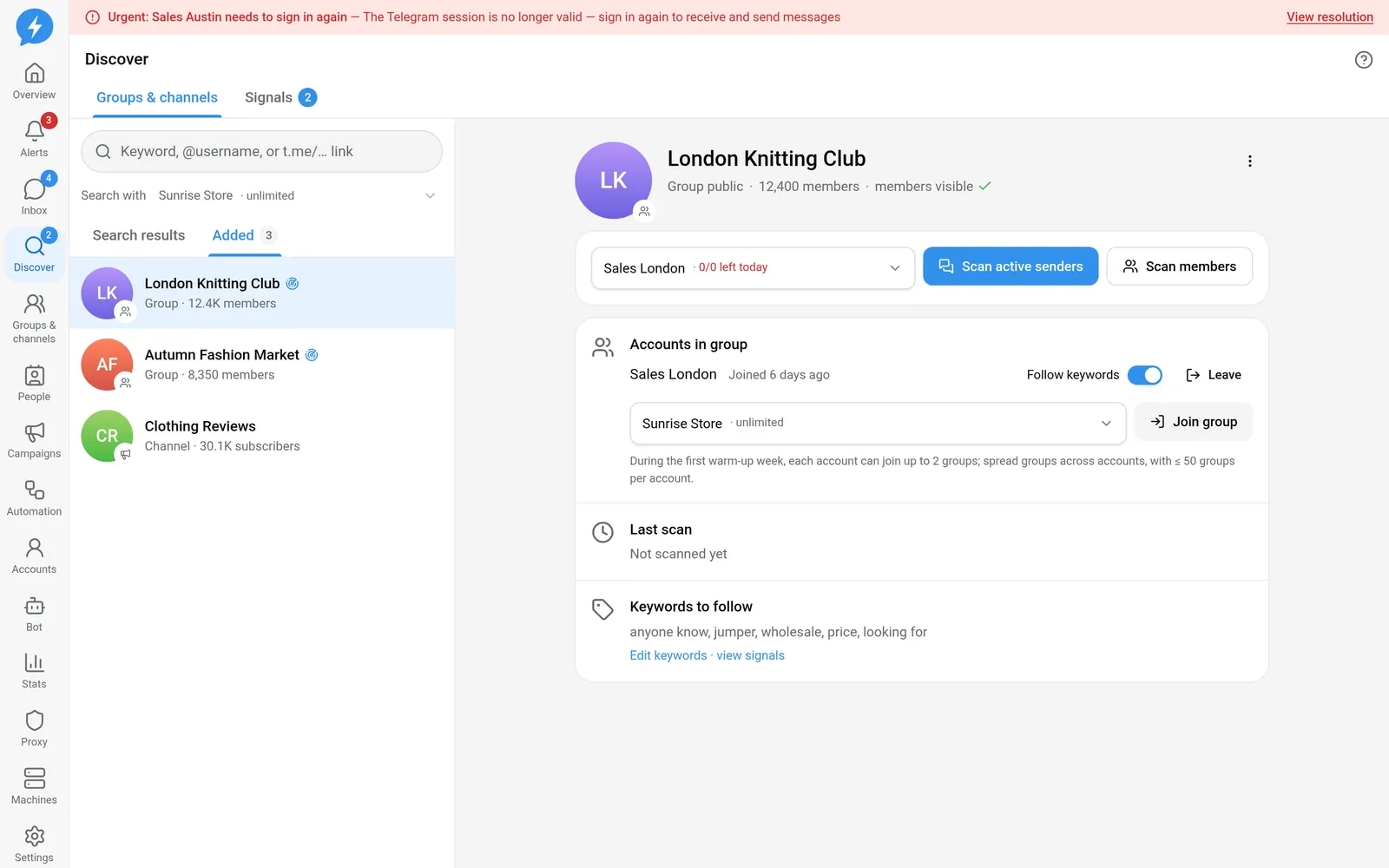Group details with account selection and scanning methods