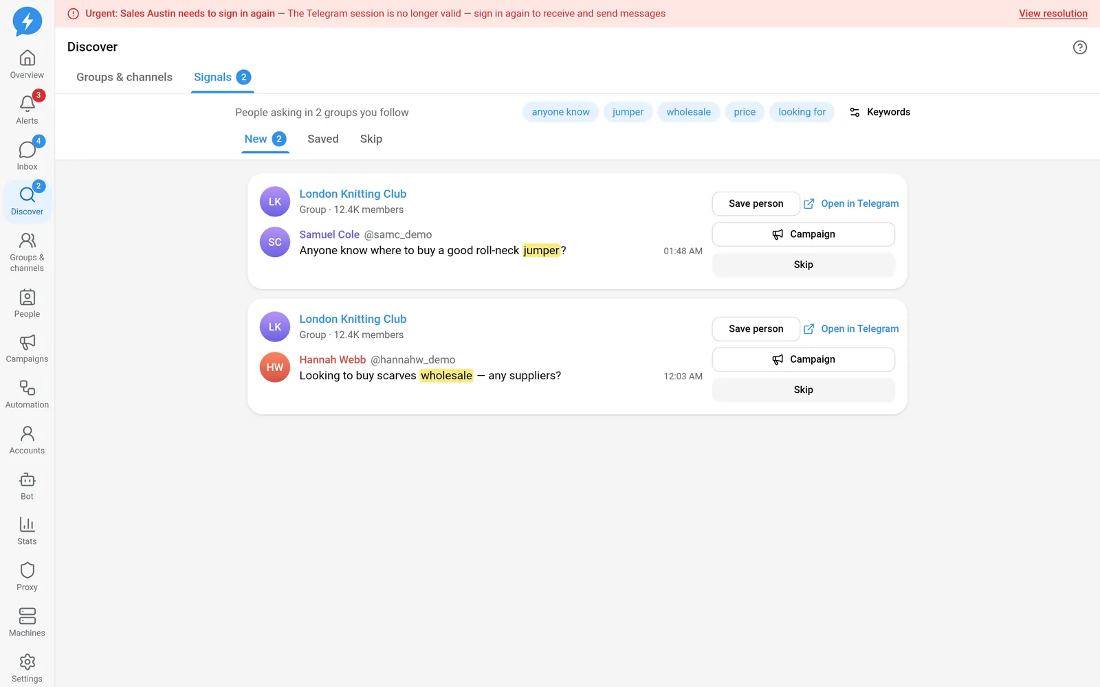 Signal list and status filters
