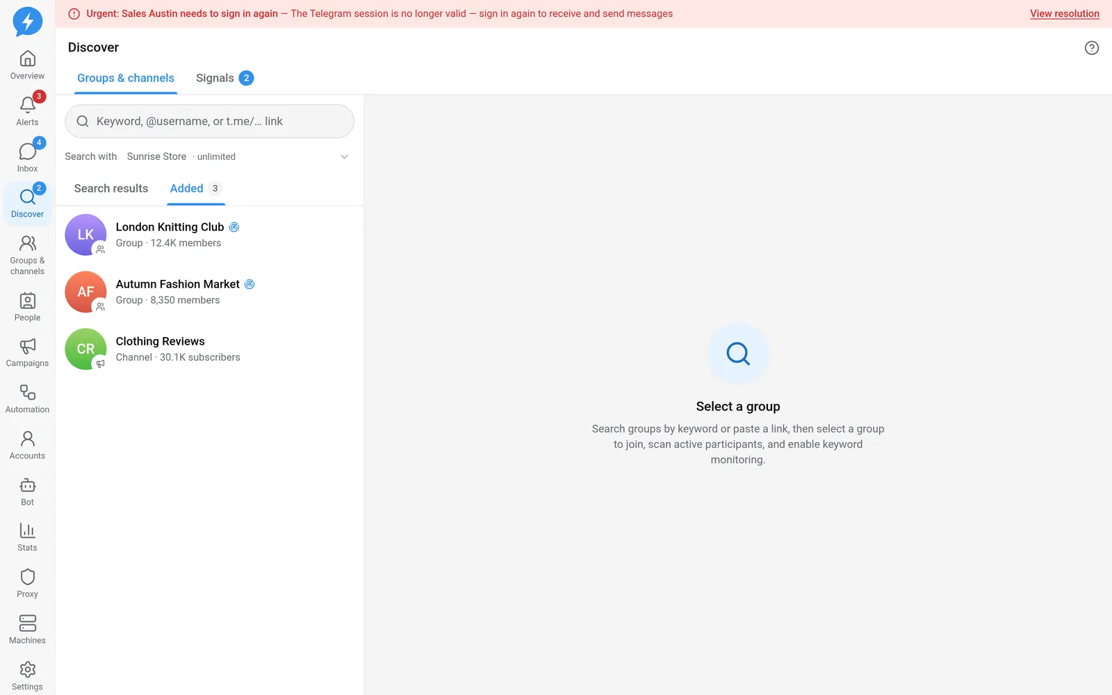 Group list and search field in Discover