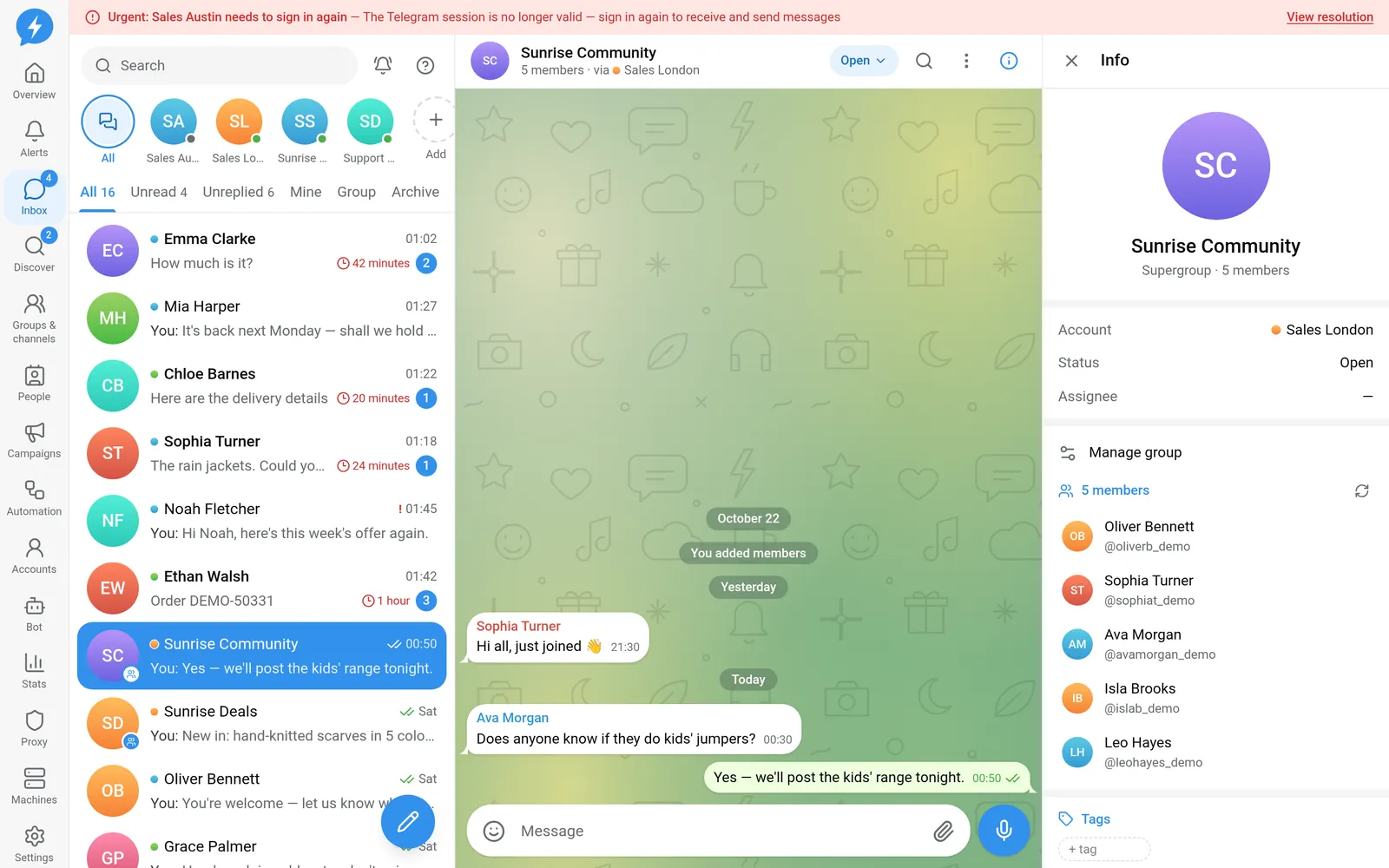 The group info pane with the Manage group button, members, tags and internal notes