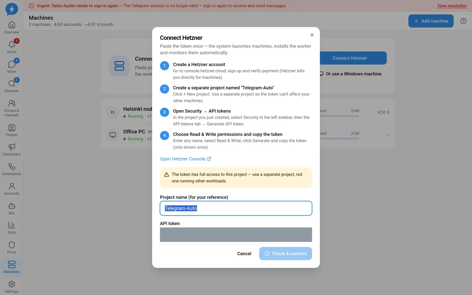 Hetzner project connection dialog with the token completely covered