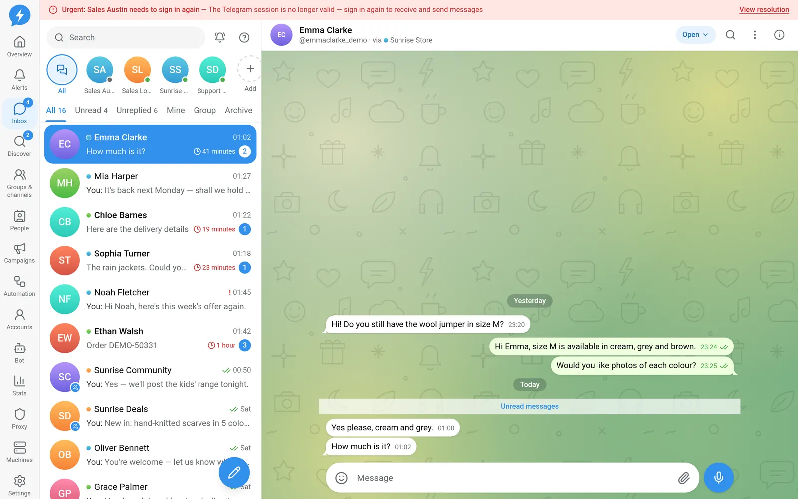 Shared inbox for accounts in the Demo workspace