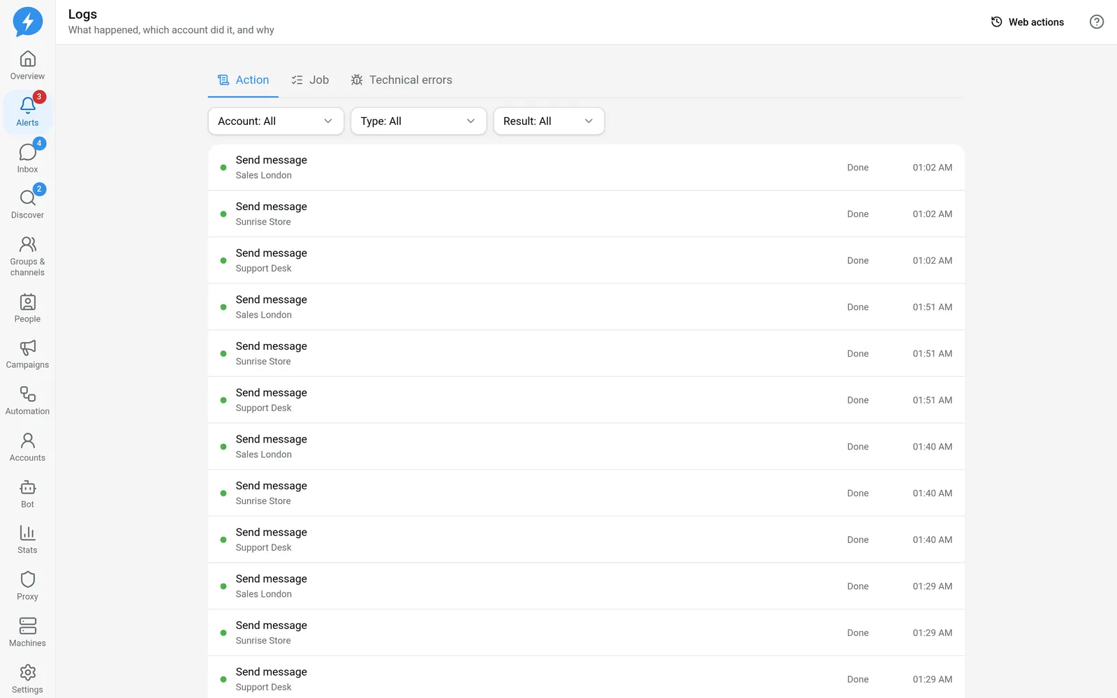 Logs with action, job, and technical error tabs
