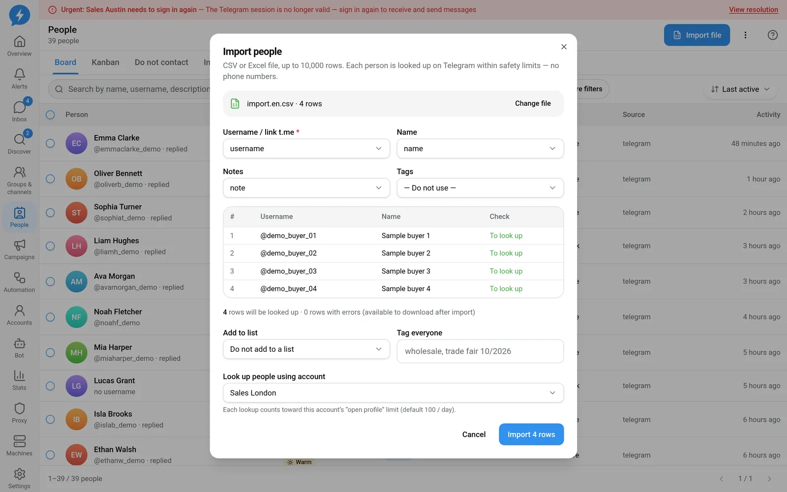 Import dialog with column mapping and data checks