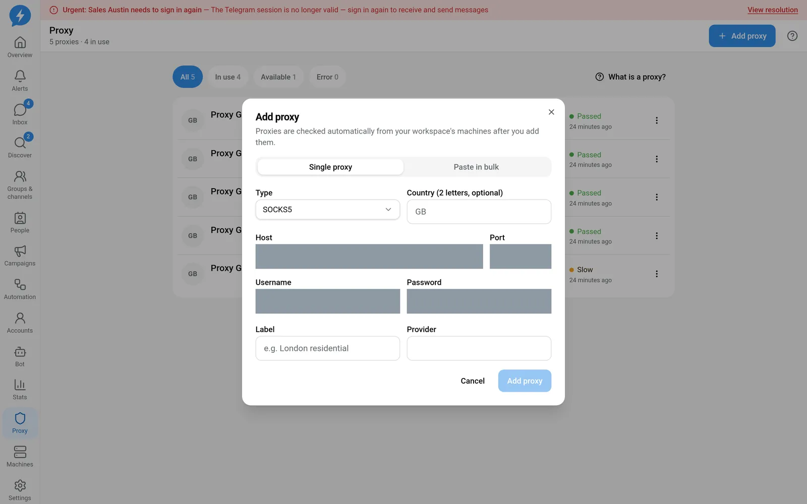 Add proxy dialog with connection type and configuration fields