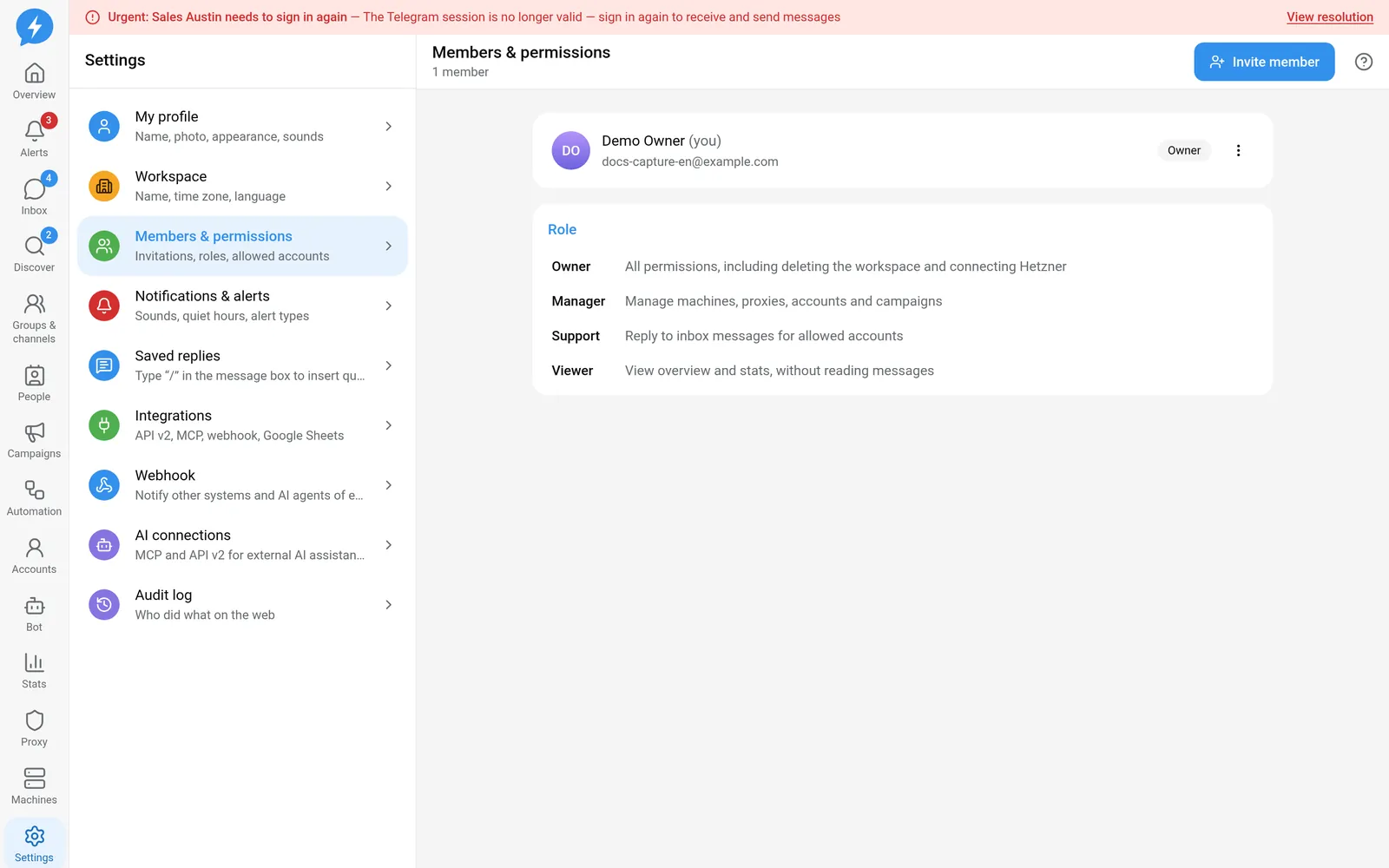 Members and pending invitations in the Demo workspace