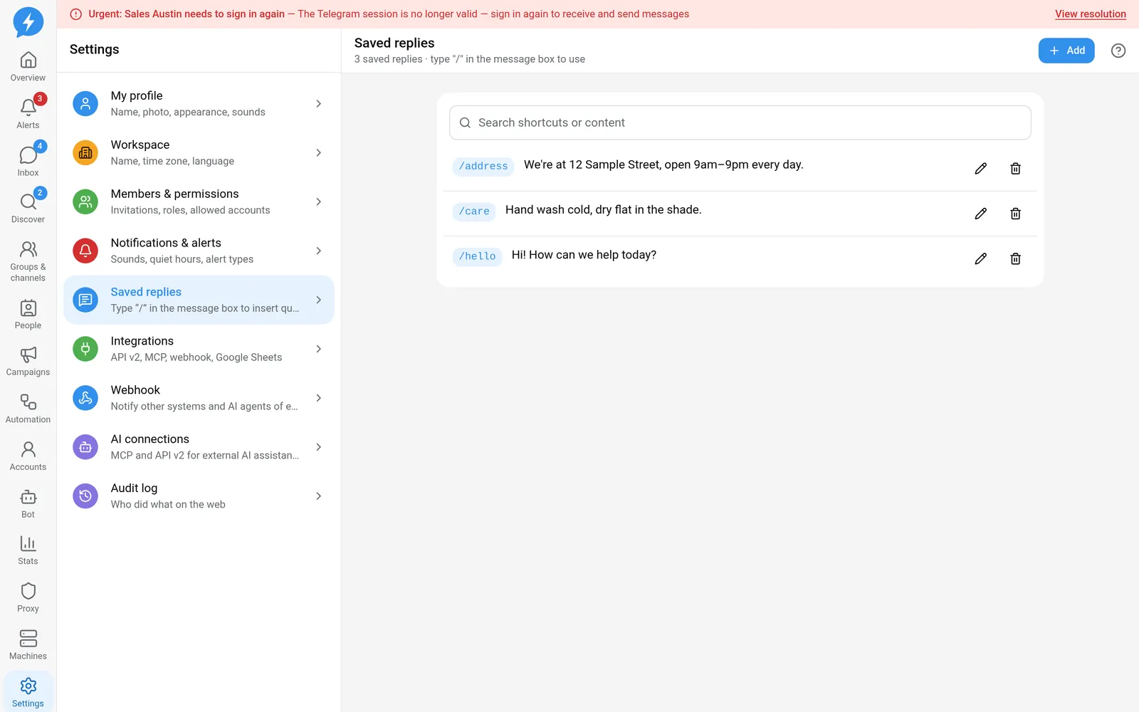 Saved replies and the shortcut search field