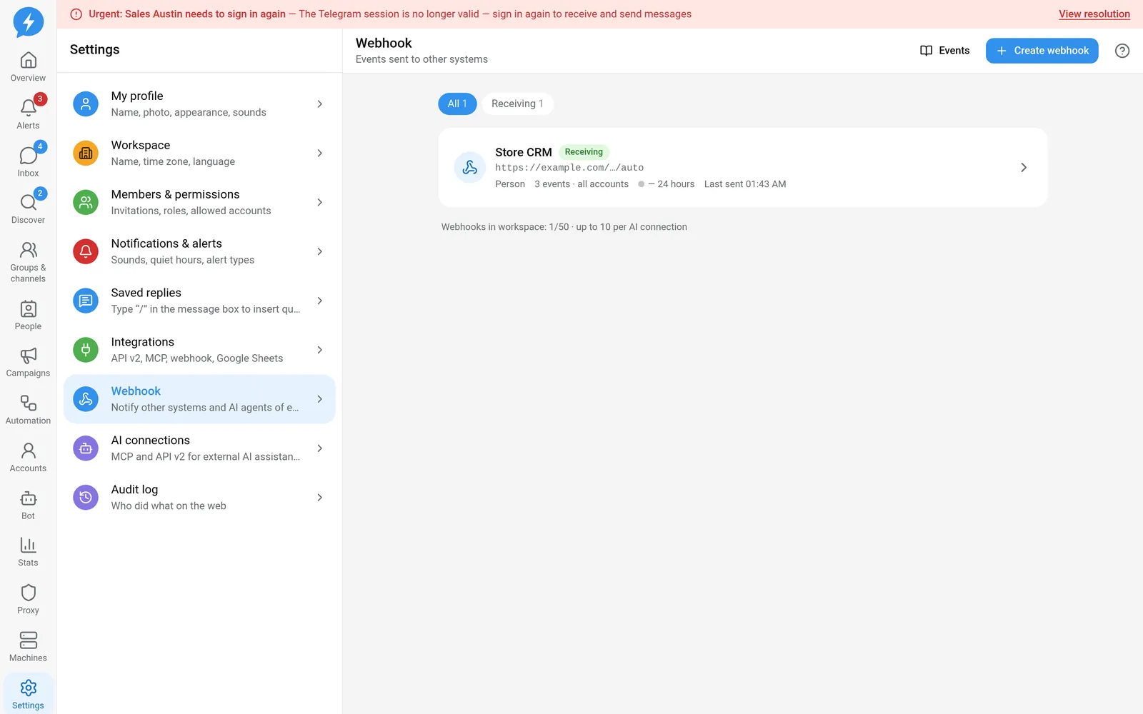 Webhook list and event delivery health