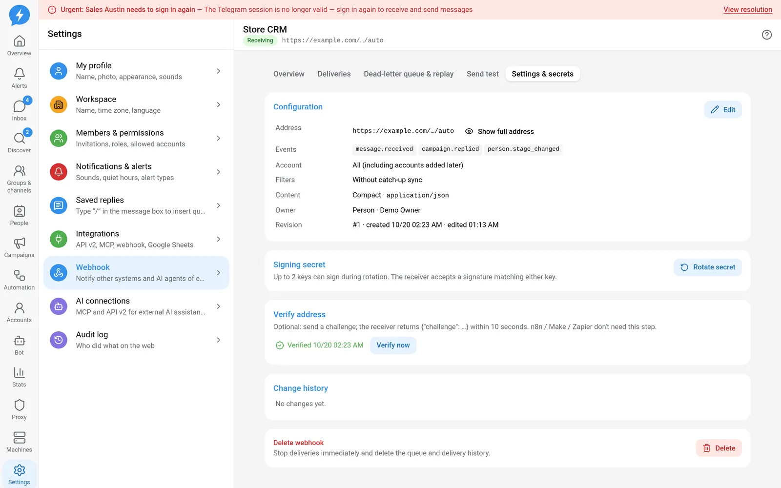 Webhook settings tab with the secret area fully hidden