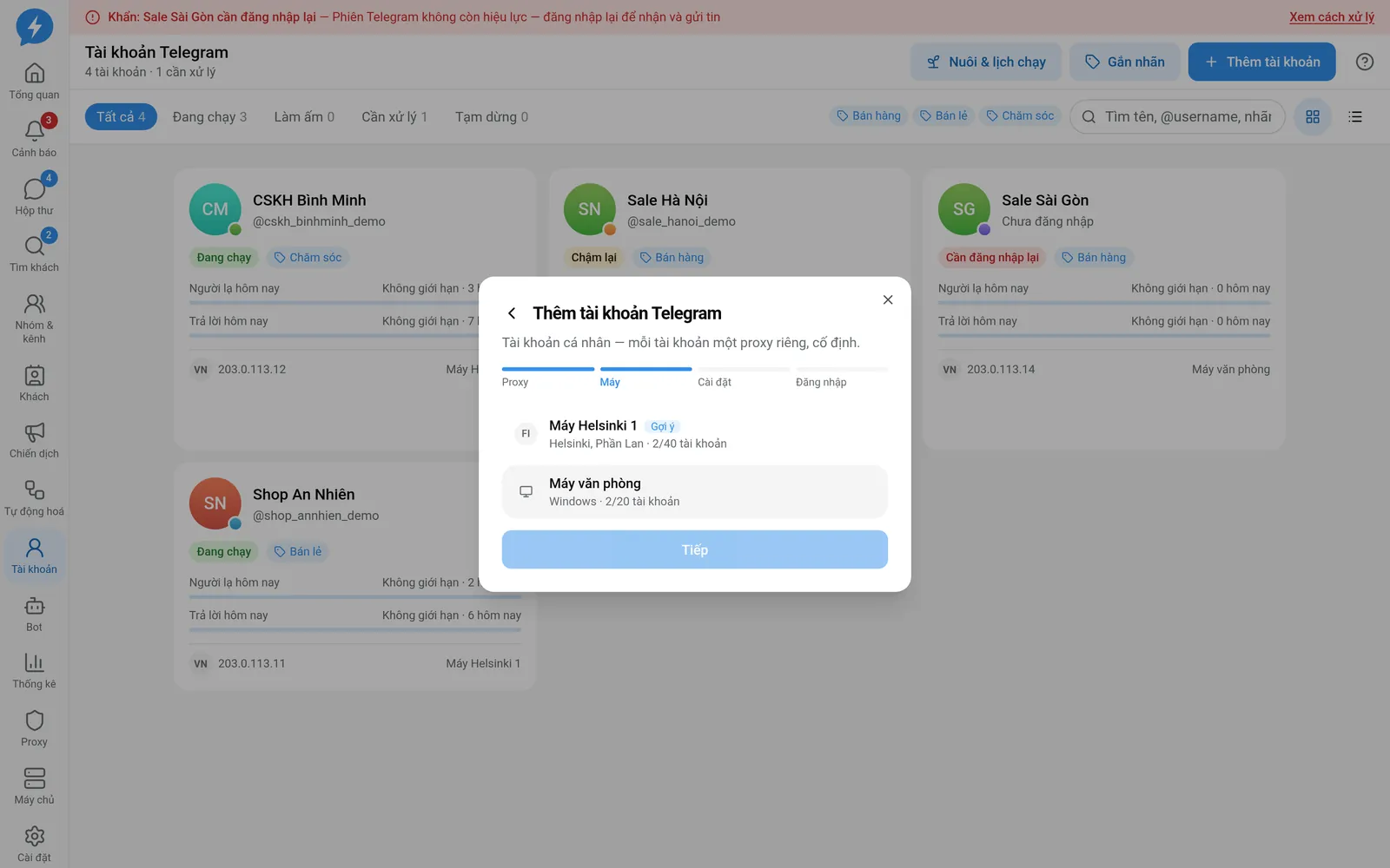 Bước chọn máy chạy cho tài khoản Telegram