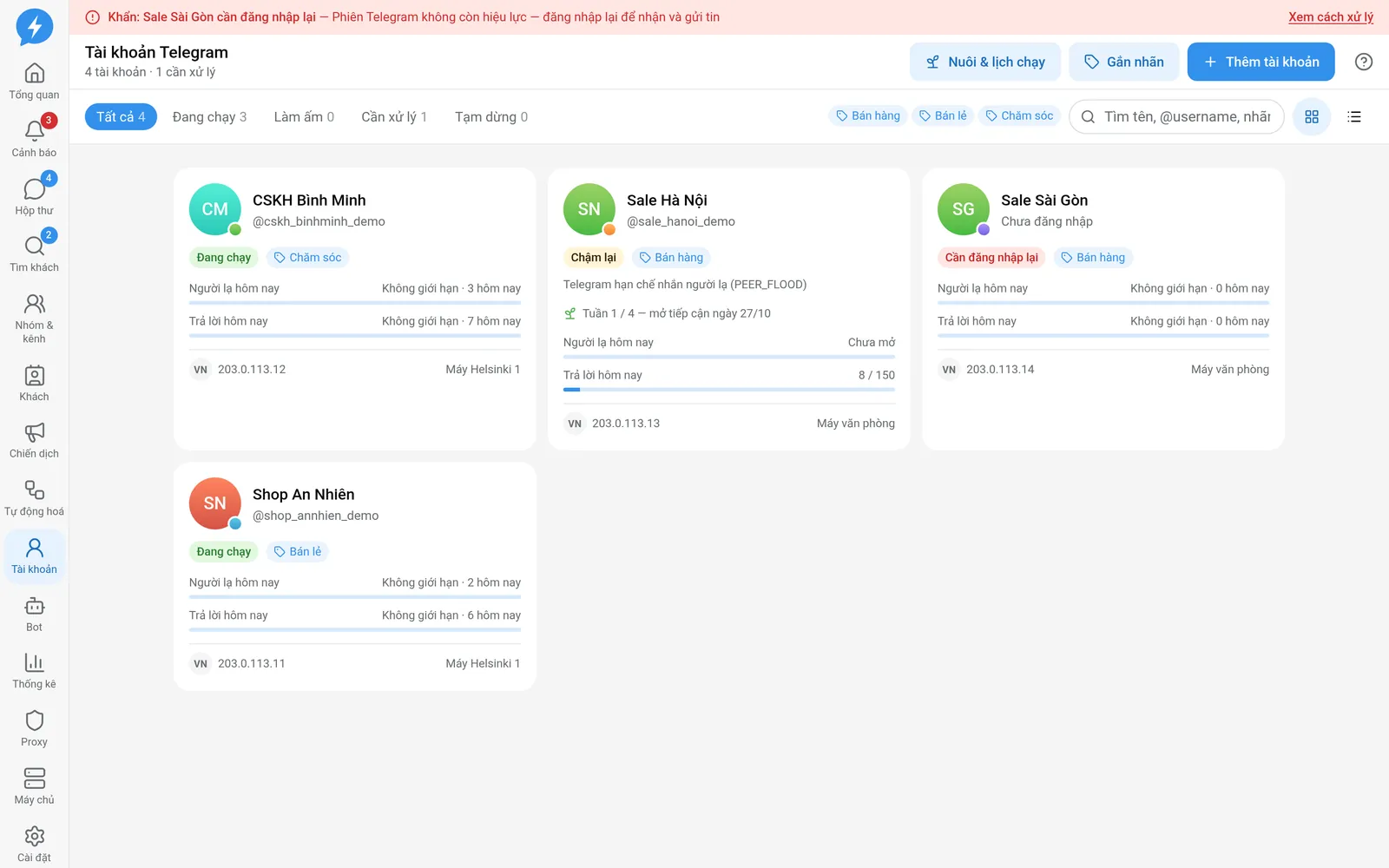 Danh sách tài khoản Telegram trong workspace Demo