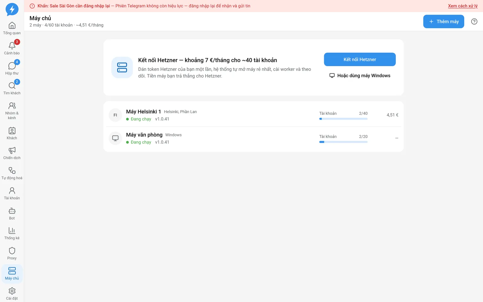 Danh sách máy chạy tài khoản trong workspace Demo