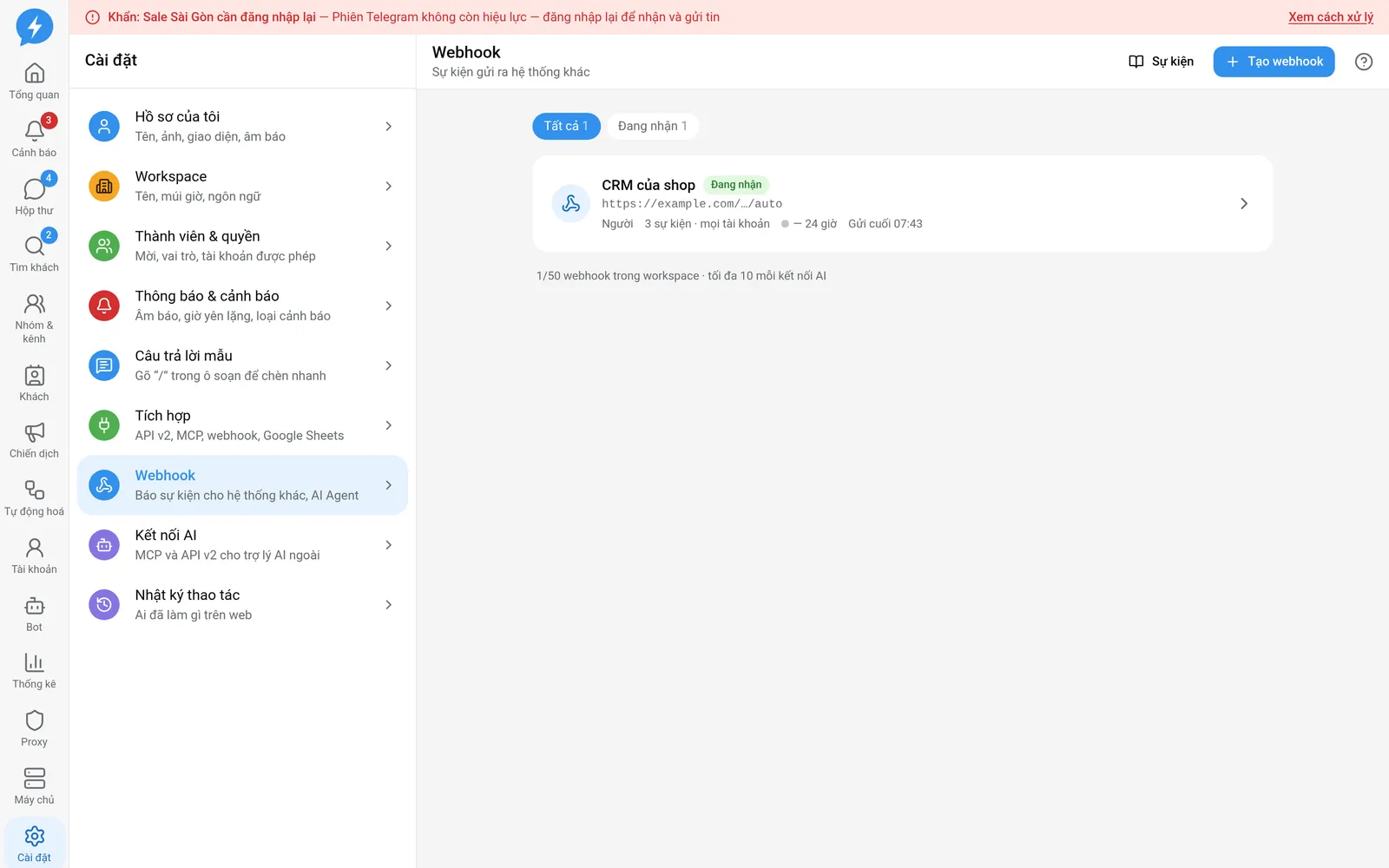 Danh sách webhook và tình trạng gửi sự kiện