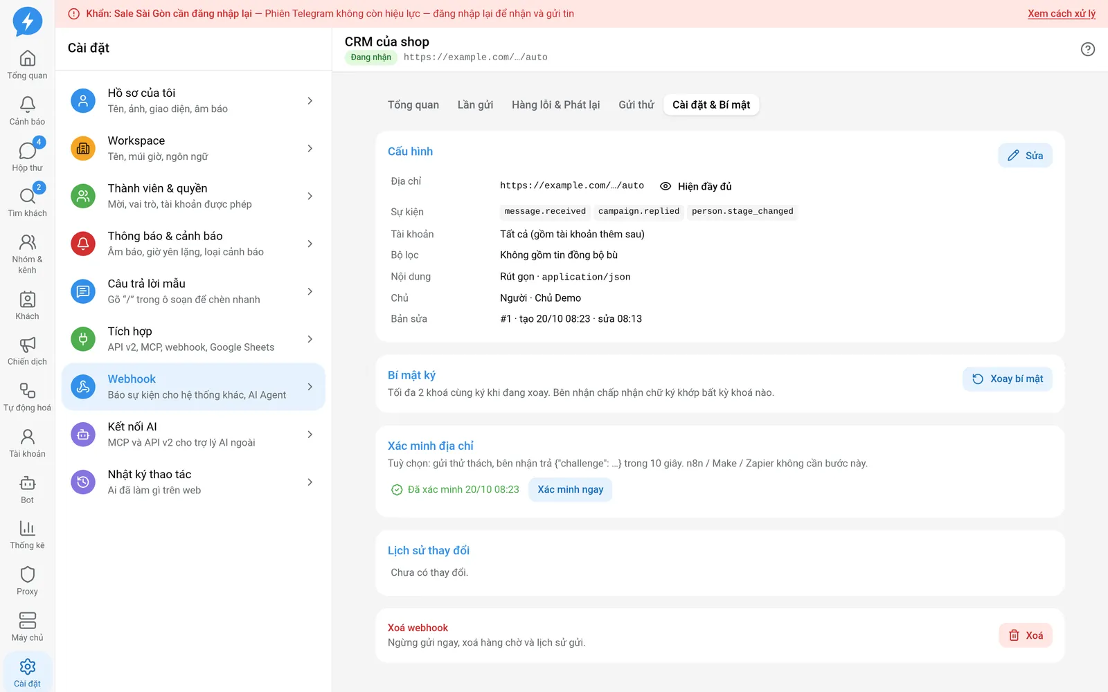 Tab cài đặt webhook với vùng bí mật được che kín